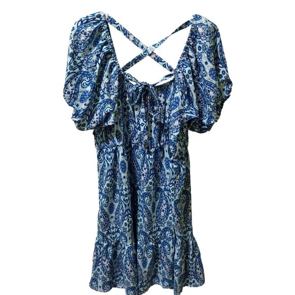 Simply Southern XL Blue Paisley Smocked Dress W/ Puffed Sleeves~Crisscross Back - Picture 2 of 10